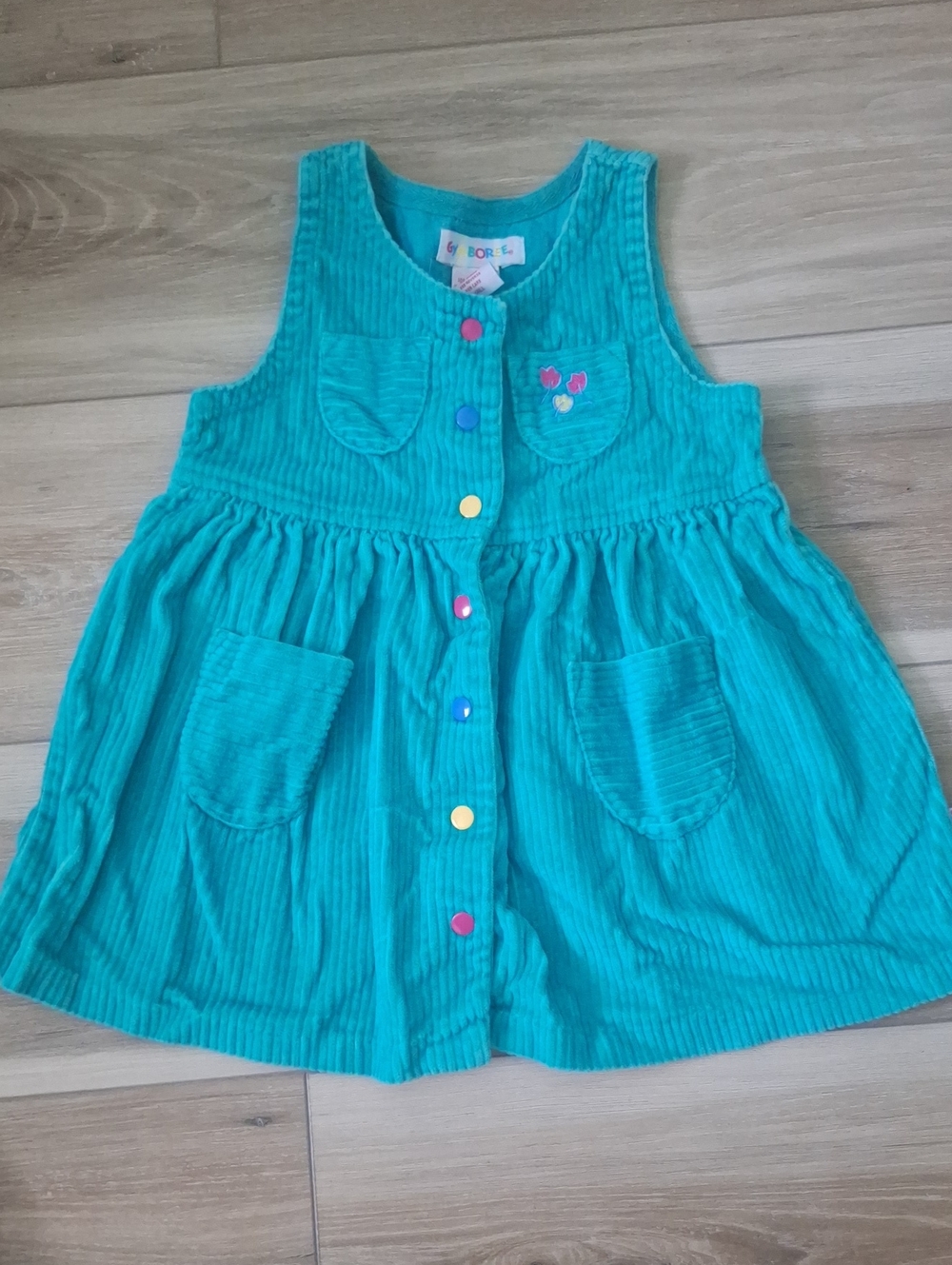 Vintage Gymboree Rainbow Tag Teal Corduroy Tank Dress with Colorful Buttons 18mo